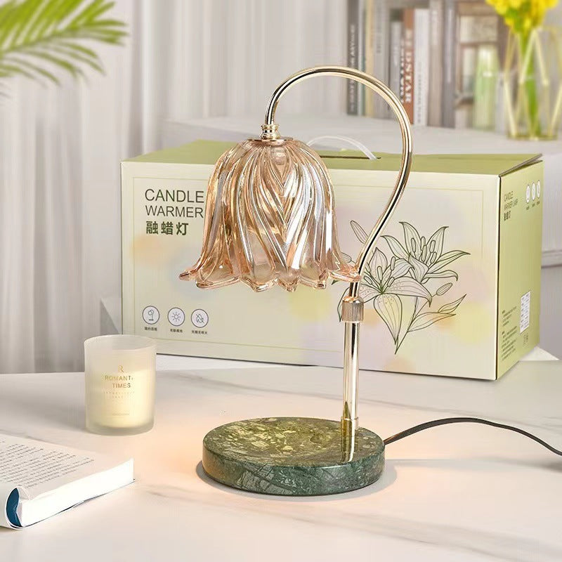 Modern Art Deco Liftable Flower Round Marble Iron Glass 2-Light Melting Wax Table Lamp For Bedroom