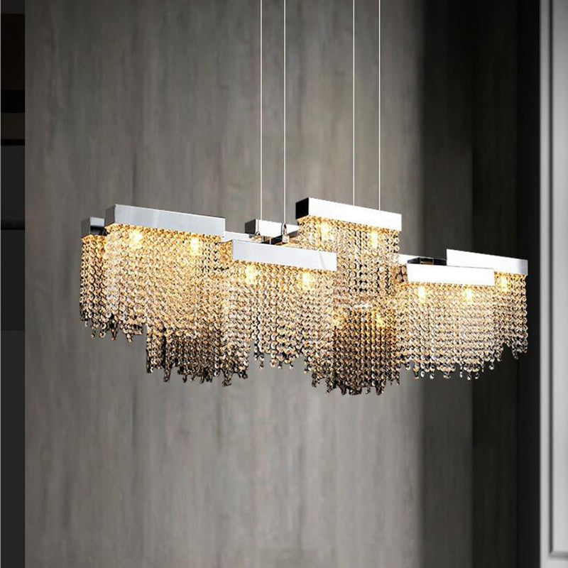 ثريا كريستال مستطيلة الشكل فاخرة وعصرية من الفولاذ المقاوم للصدأ 20/24 ضوء جزيرة لغرفة الطعام