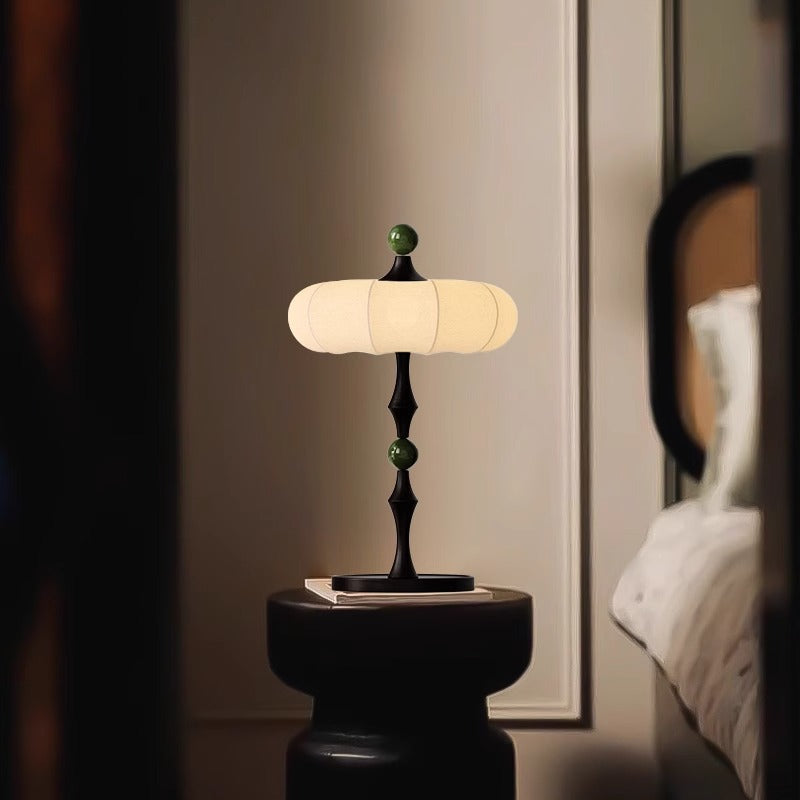 Traditional Vintage Round Cylinder Iron Aluminum Wood Fabric 1-Light Table Lamp For Bedroom