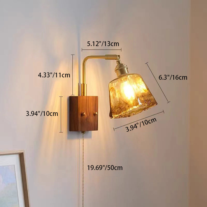Traditional Vintage Square Cylinder Round Trapezoid Copper Glass 1-Light Wall Sconce Lamp For Bedroom