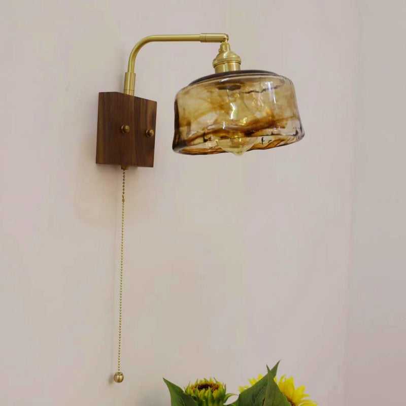 Traditional Vintage Square Cylinder Round Trapezoid Copper Glass 1-Light Wall Sconce Lamp For Bedroom