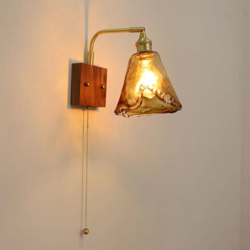 Traditional Vintage Square Cylinder Round Trapezoid Copper Glass 1-Light Wall Sconce Lamp For Bedroom