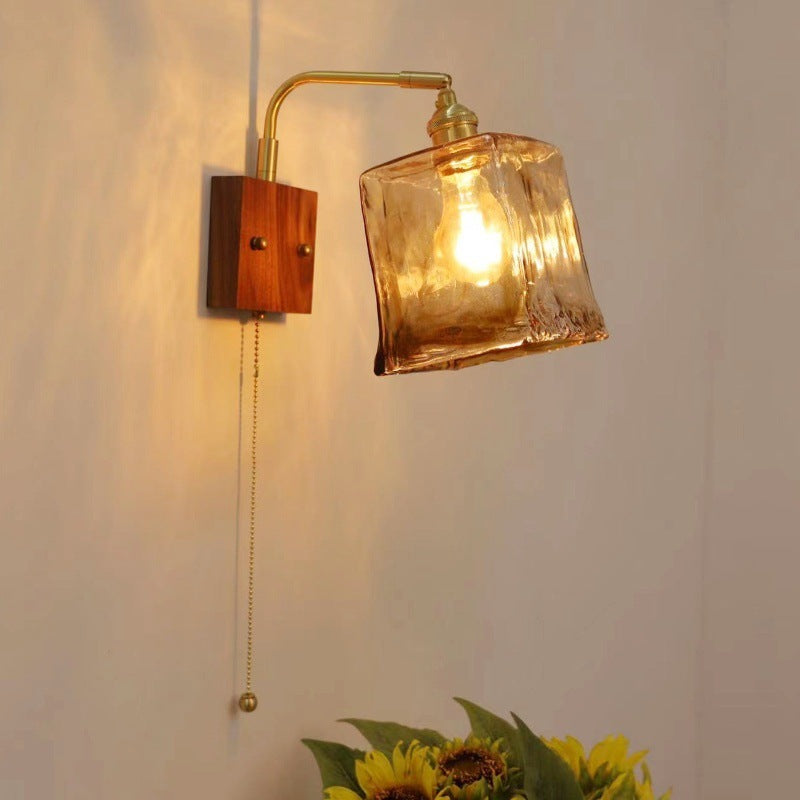 Traditional Vintage Square Cylinder Round Trapezoid Copper Glass 1-Light Wall Sconce Lamp For Bedroom