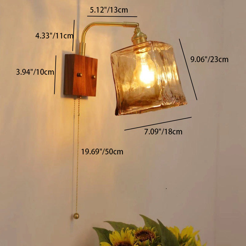 Traditional Vintage Square Cylinder Round Trapezoid Copper Glass 1-Light Wall Sconce Lamp For Bedroom