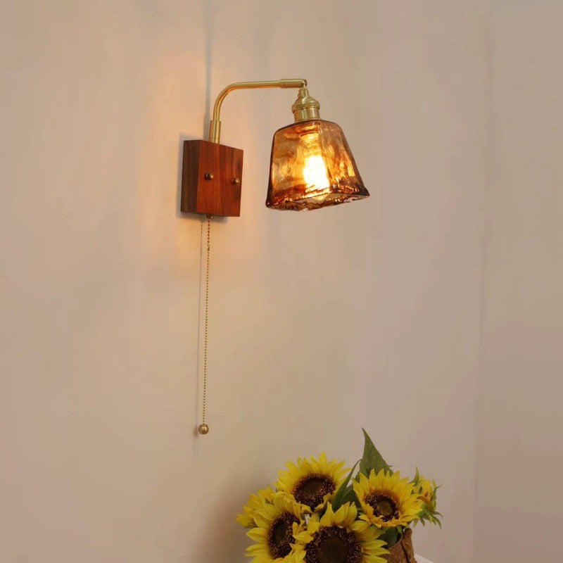 Traditional Vintage Square Cylinder Round Trapezoid Copper Glass 1-Light Wall Sconce Lamp For Bedroom