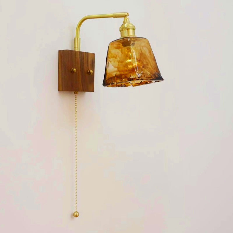 Traditional Vintage Square Cylinder Round Trapezoid Copper Glass 1-Light Wall Sconce Lamp For Bedroom