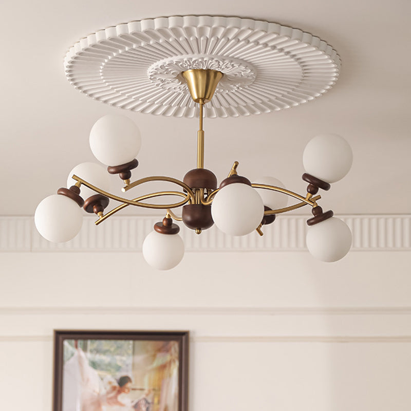 Traditional Vintage Magic Bean Round Orb Wood Iron Glass 4/6/8/10 Light Chandelier For Living Room