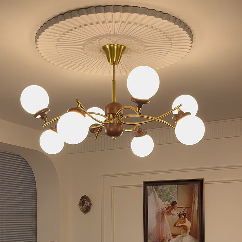 Traditional Vintage Magic Bean Round Orb Wood Iron Glass 4/6/8/10 Light Chandelier For Living Room