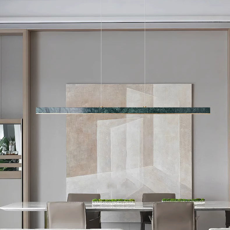 Modern Minimalist Rectangular Linear Copper Marble LED Island Light Chandelier For Dining Room