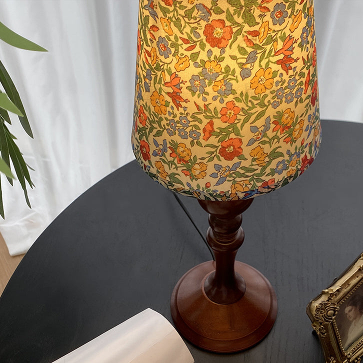 Traditional Vintage Petal Cylinder Wood Fabric 1-Light Table Lamp For Bedroom