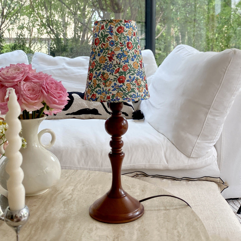 Traditional Vintage Petal Cylinder Wood Fabric 1-Light Table Lamp For Bedroom