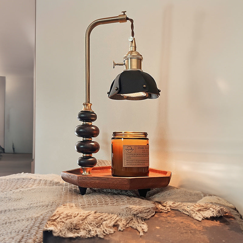 Traditional Vintage Round Octagonal Metal Wood Veneer 1-Light Melting Wax Table Lamp For Bedroom