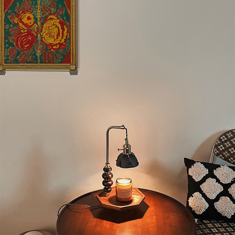 Traditional Vintage Round Octagonal Metal Wood Veneer 1-Light Melting Wax Table Lamp For Bedroom