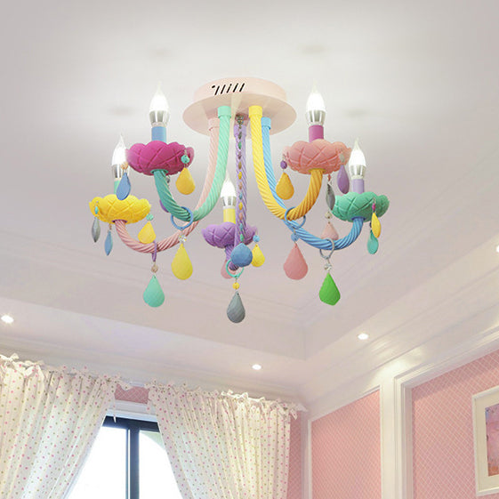 Contemporary Scandinavian Macaron Colorful Kids Candle Shape Iron Crystal 5- Light Chandelier For Living Room