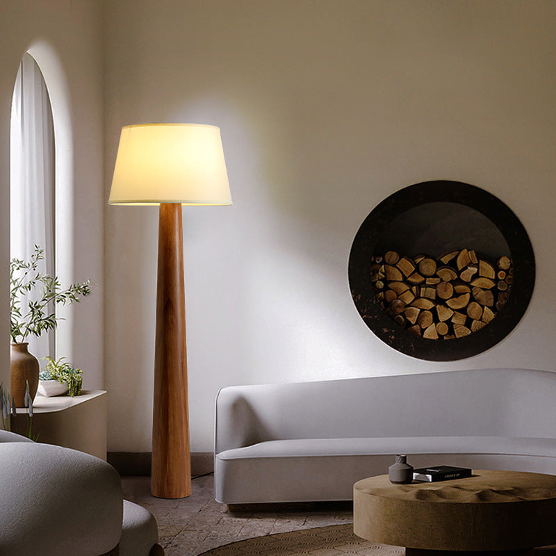 Traditional Vintage Round Cylinder Wood Fabric 1-Light Standing Floor Lamp For Living Room