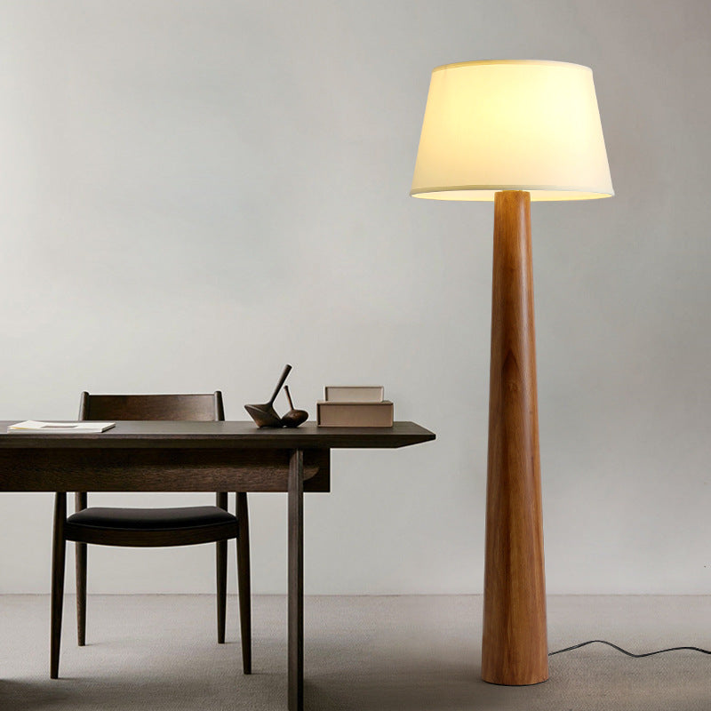 Traditional Vintage Round Cylinder Wood Fabric 1-Light Standing Floor Lamp For Living Room