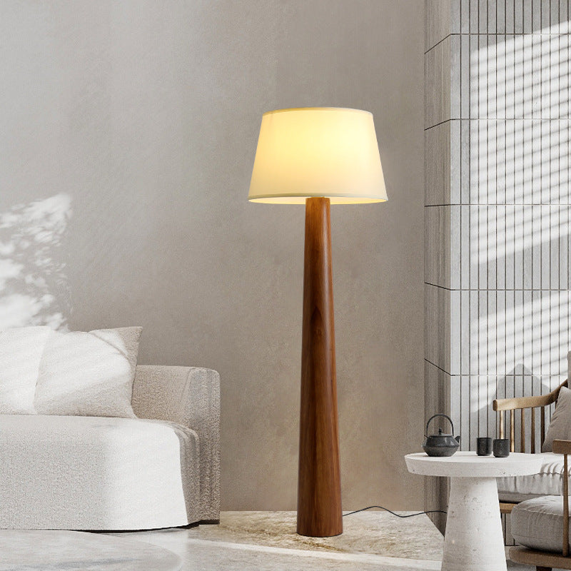 Traditional Vintage Round Cylinder Wood Fabric 1-Light Standing Floor Lamp For Living Room