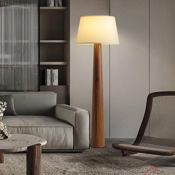 Traditional Vintage Round Cylinder Wood Fabric 1-Light Standing Floor Lamp For Living Room