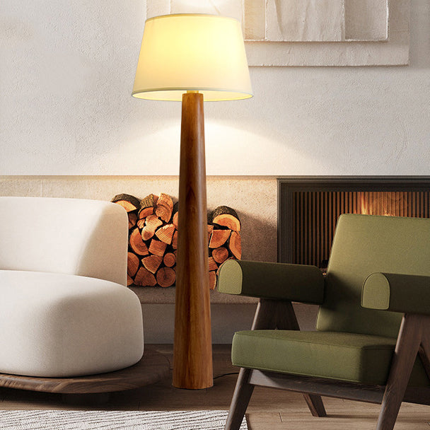 Traditional Vintage Round Cylinder Wood Fabric 1-Light Standing Floor Lamp For Living Room