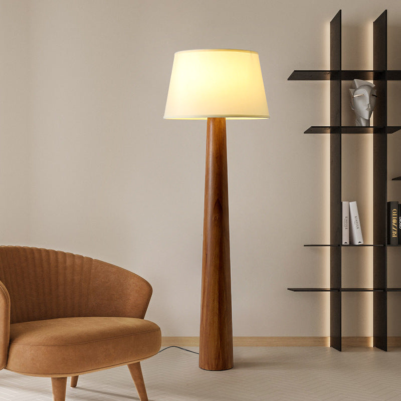 Traditional Vintage Round Cylinder Wood Fabric 1-Light Standing Floor Lamp For Living Room