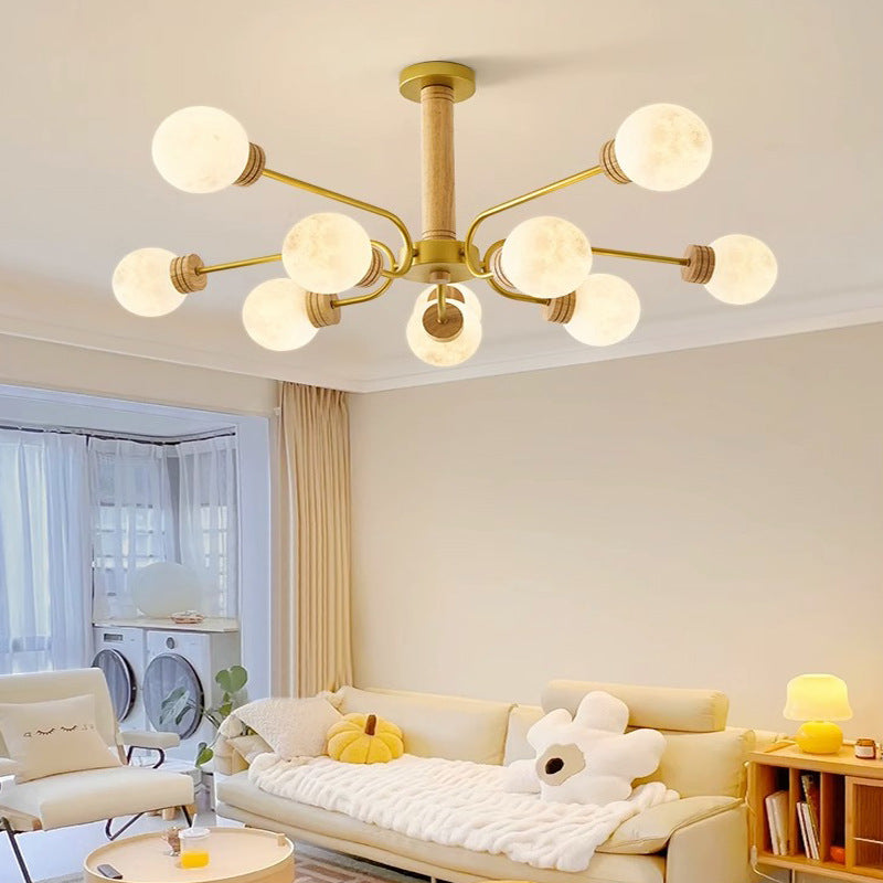 Contemporary Scandinavian Round Iron Oak Acrylic 6/10 Light Chandelier For Bedroom