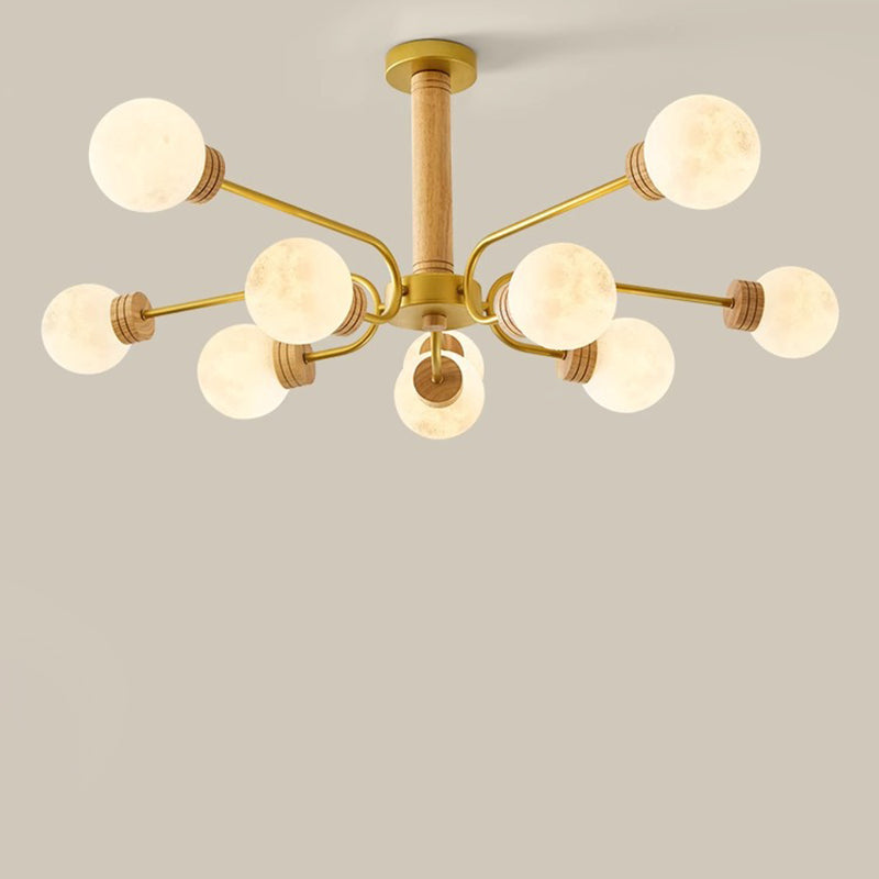 Contemporary Scandinavian Round Iron Oak Acrylic 6/10 Light Chandelier For Bedroom