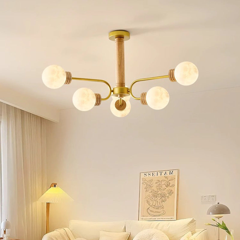 Contemporary Scandinavian Round Iron Oak Acrylic 6/10 Light Chandelier For Bedroom