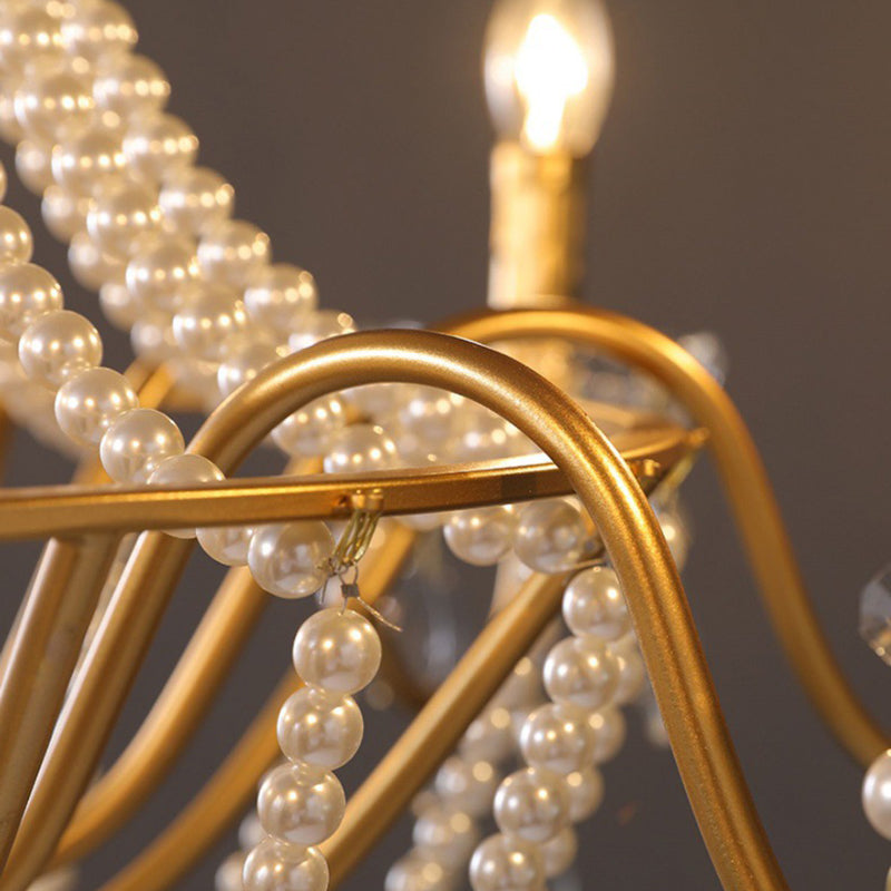 Traditional French Pearl Candle Round Iron Crystal Glass 3/6/8 Light Chandelier For Living Room