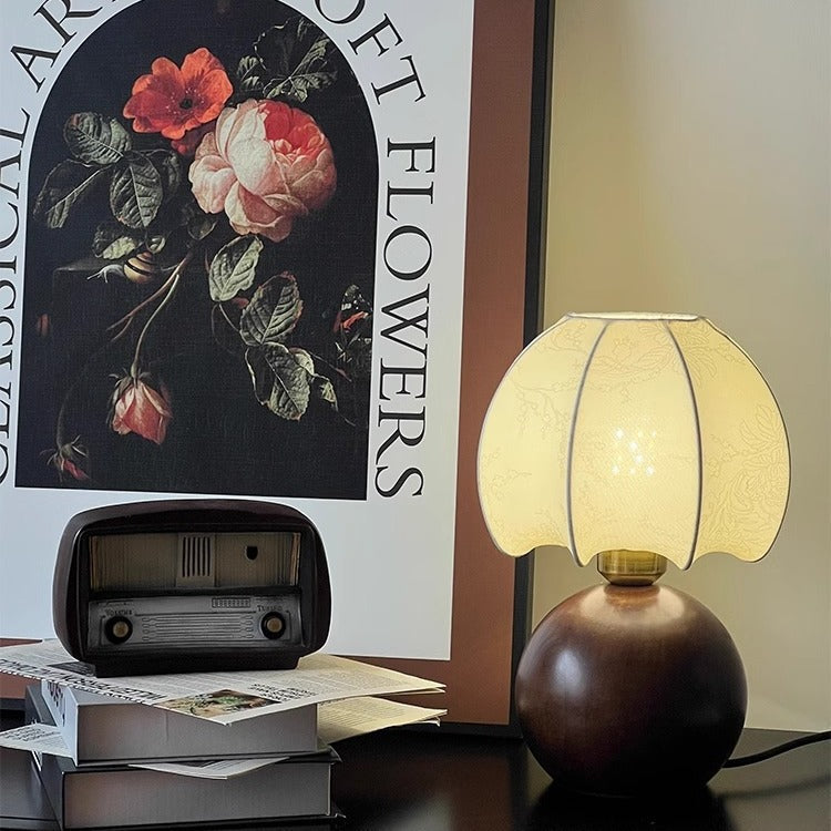 Traditional Vintage Round Oval Wood Fabric 1-Light Table Lamp For Bedroom