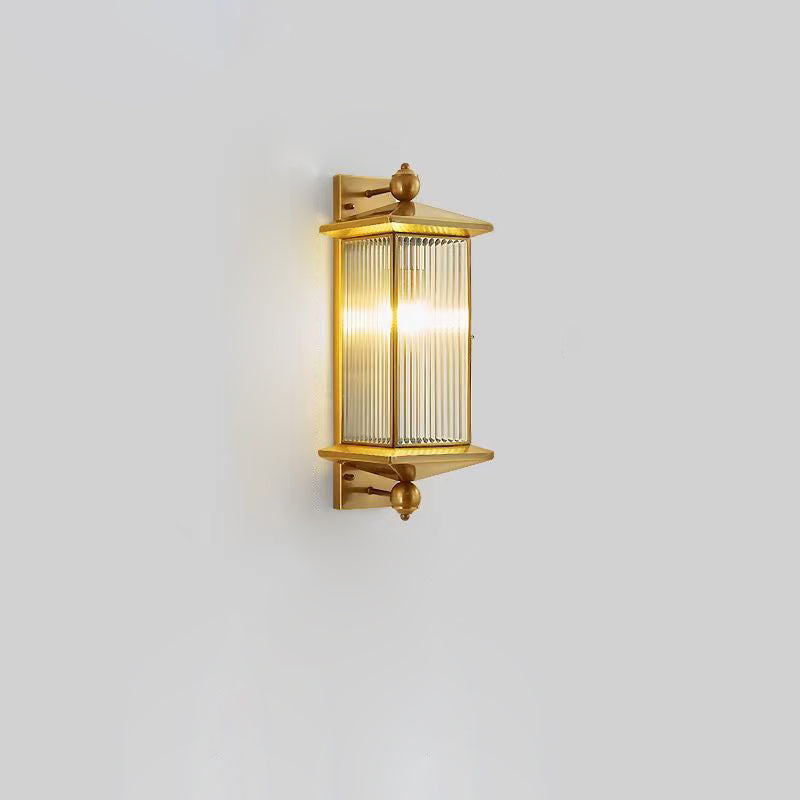 Traditional Chinese Waterproof Rectangle Copper Glass 1/2 Light Wall Sconce Lamp For Outdoor