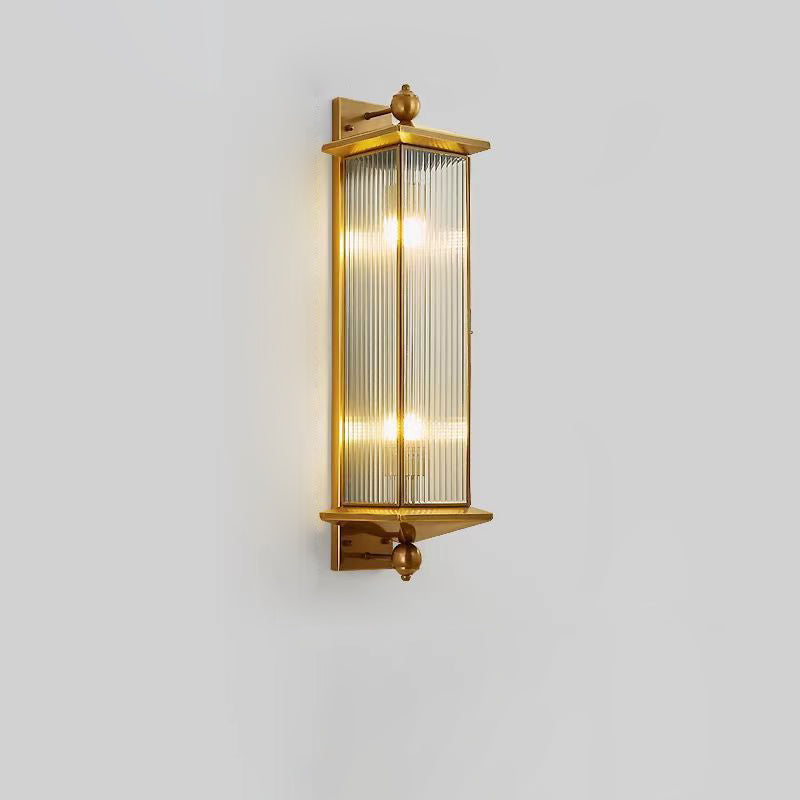 Traditional Chinese Waterproof Rectangle Copper Glass 1/2 Light Wall Sconce Lamp For Outdoor