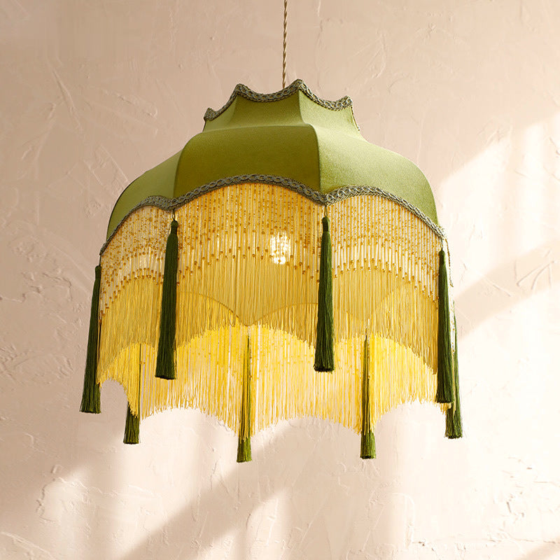 Traditional Vintage Tassel Round Copper Fabric 1/3 Light Pendant Light For Bedroom