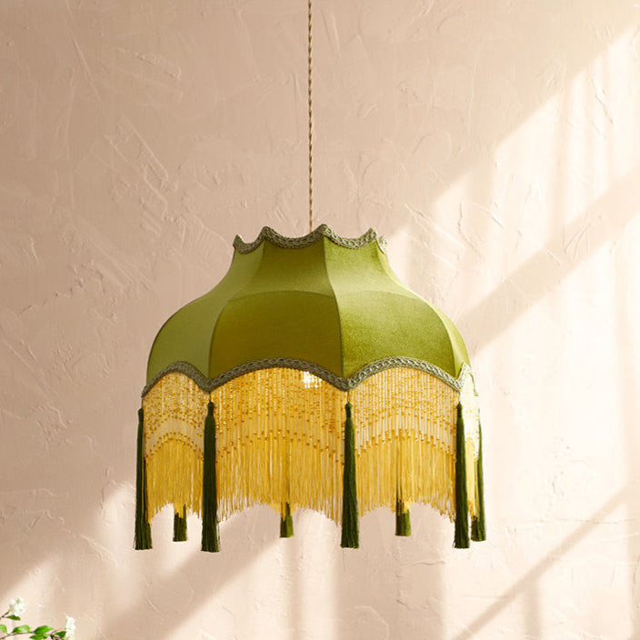 Traditional Vintage Tassel Round Copper Fabric 1/3 Light Pendant Light For Bedroom