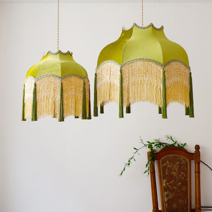 Traditional Vintage Tassel Round Copper Fabric 1/3 Light Pendant Light For Bedroom