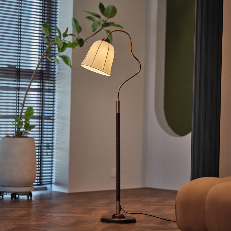 Traditional Vintage Round Curved Wood Fabric 1-Light Standing Floor Lamp For Bedroom