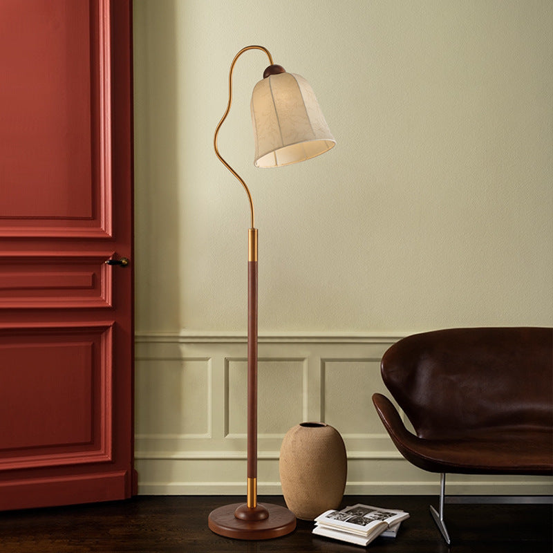 Traditional Vintage Round Curved Wood Fabric 1-Light Standing Floor Lamp For Bedroom