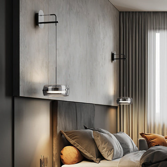 寝室用コンテンポラリースカンジナビアラウンドシリンダーアイアンアルミガラスLEDウォールスコンスランプ