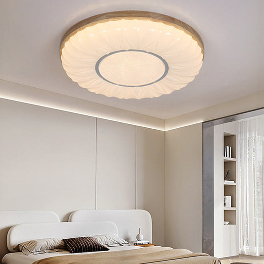 寝室用コンテンポラリースカンジナビアラウンドドームアイアンPSウッドLEDフラッシュマウントシーリングライト