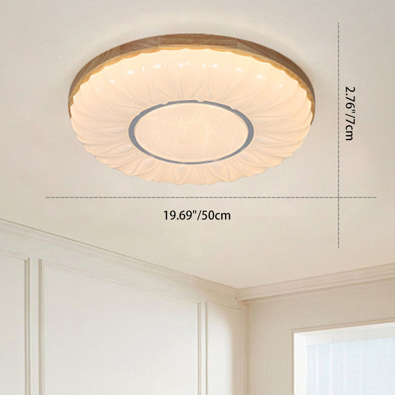 Contemporary Scandinavian Round Dome Iron PS Wood LED Flush Mount Ceiling Light For Bedroom