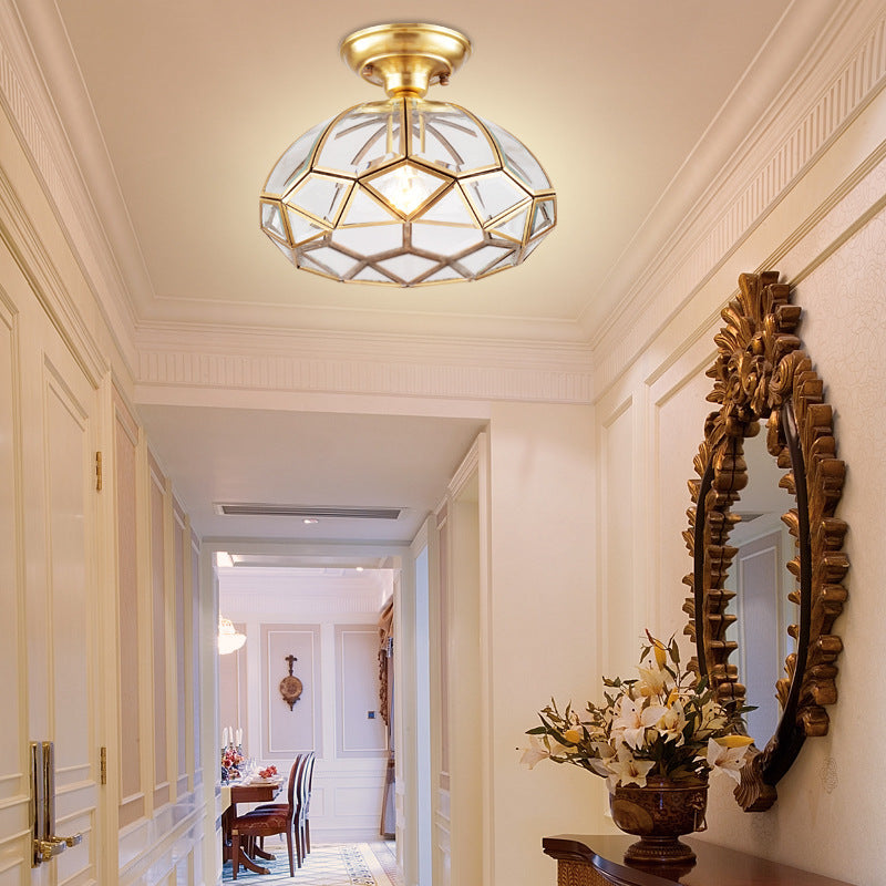 Traditional Vintage Diamond Cone Copper Glass 1-Light Semi-Flush Mount Ceiling Light For Hallway