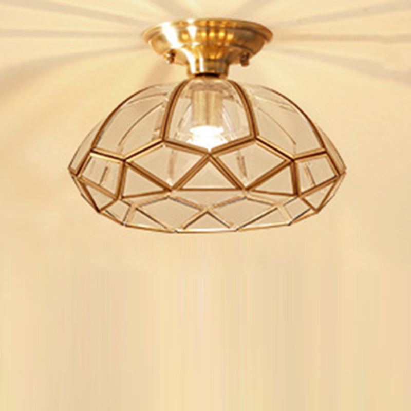 Traditional Vintage Diamond Cone Copper Glass 1-Light Semi-Flush Mount Ceiling Light For Hallway