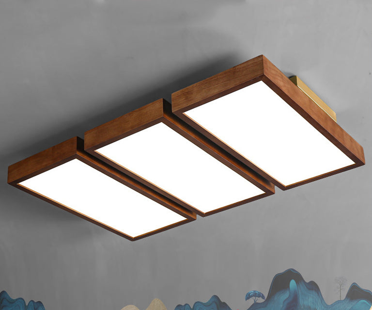 Traditional Chinese Rectangle Rubberwood Acrylic LED Semi-Flush Mount Lighting For Living Room