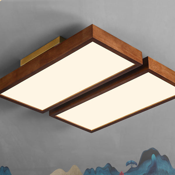 Traditional Chinese Rectangle Rubberwood Acrylic LED Semi-Flush Mount Lighting For Living Room
