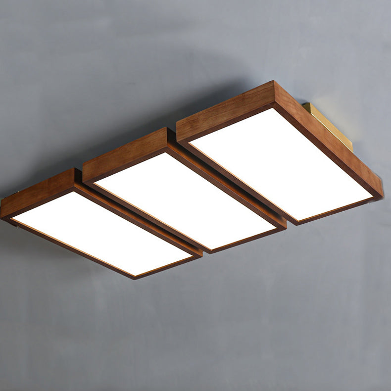 Traditional Chinese Rectangle Rubberwood Acrylic LED Semi-Flush Mount Lighting For Living Room