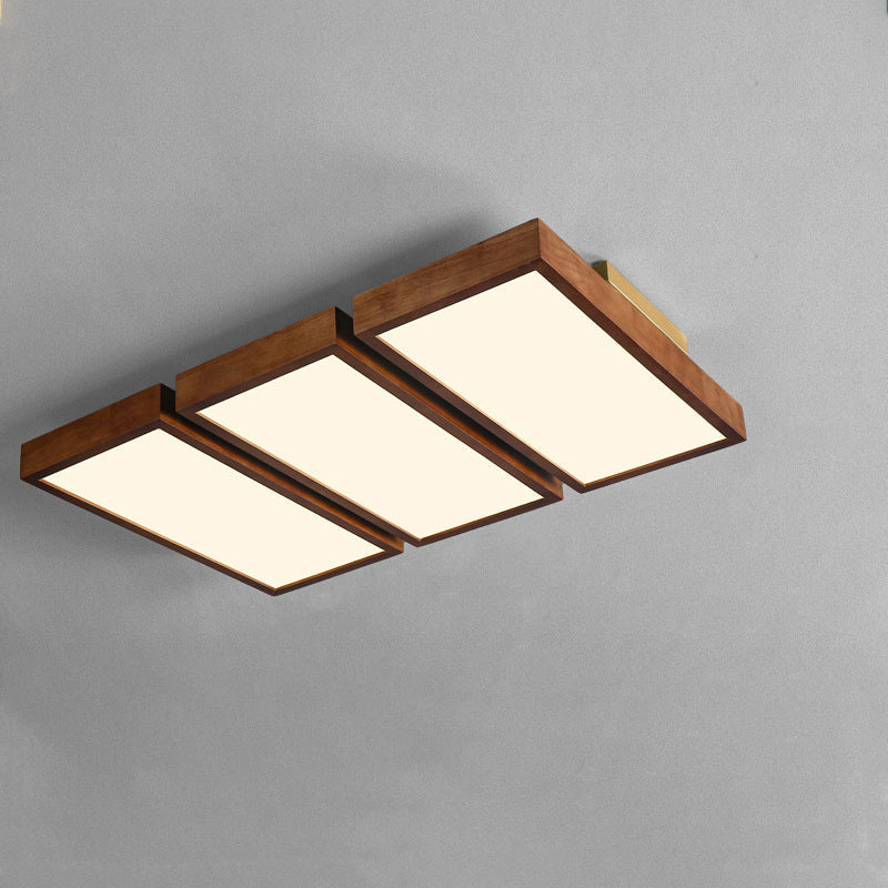 Traditional Chinese Rectangle Rubberwood Acrylic LED Semi-Flush Mount Lighting For Living Room