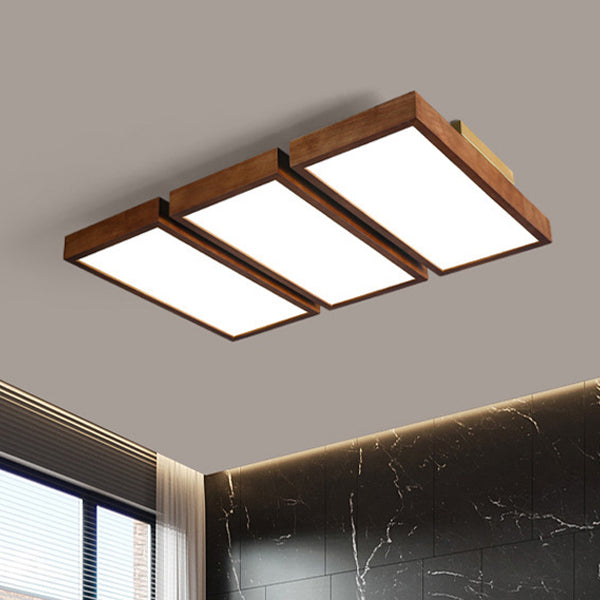 Traditional Chinese Rectangle Rubberwood Acrylic LED Semi-Flush Mount Lighting For Living Room