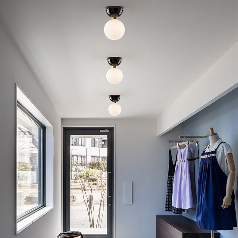 Contemporary Nordic Magic Bean Round Orb Iron Glass 1-Light Semi-Flush Mount Ceiling Light For Hallway