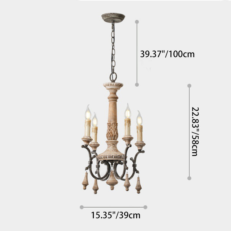 Traditional Vintage Carved Candle Shape Round Ironwood 4/6 Light Chandelier For Living Room