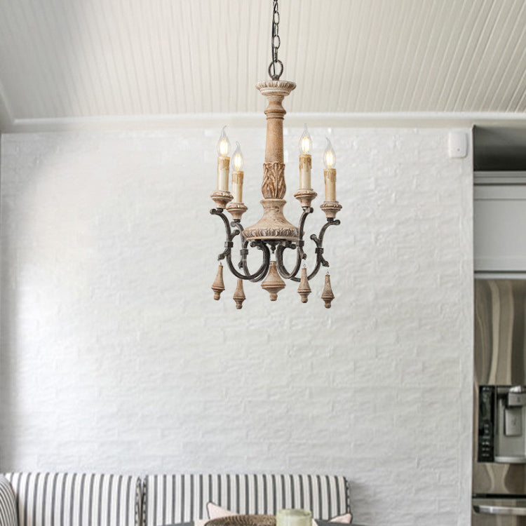 Traditional Vintage Carved Candle Shape Round Ironwood 4/6 Light Chandelier For Living Room