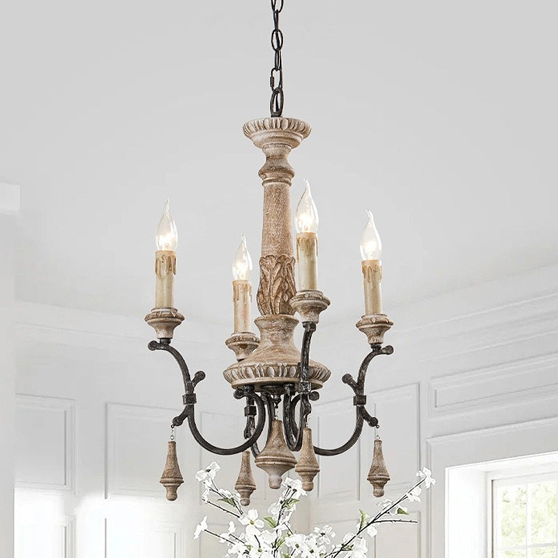Traditional Vintage Carved Candle Shape Round Ironwood 4/6 Light Chandelier For Living Room